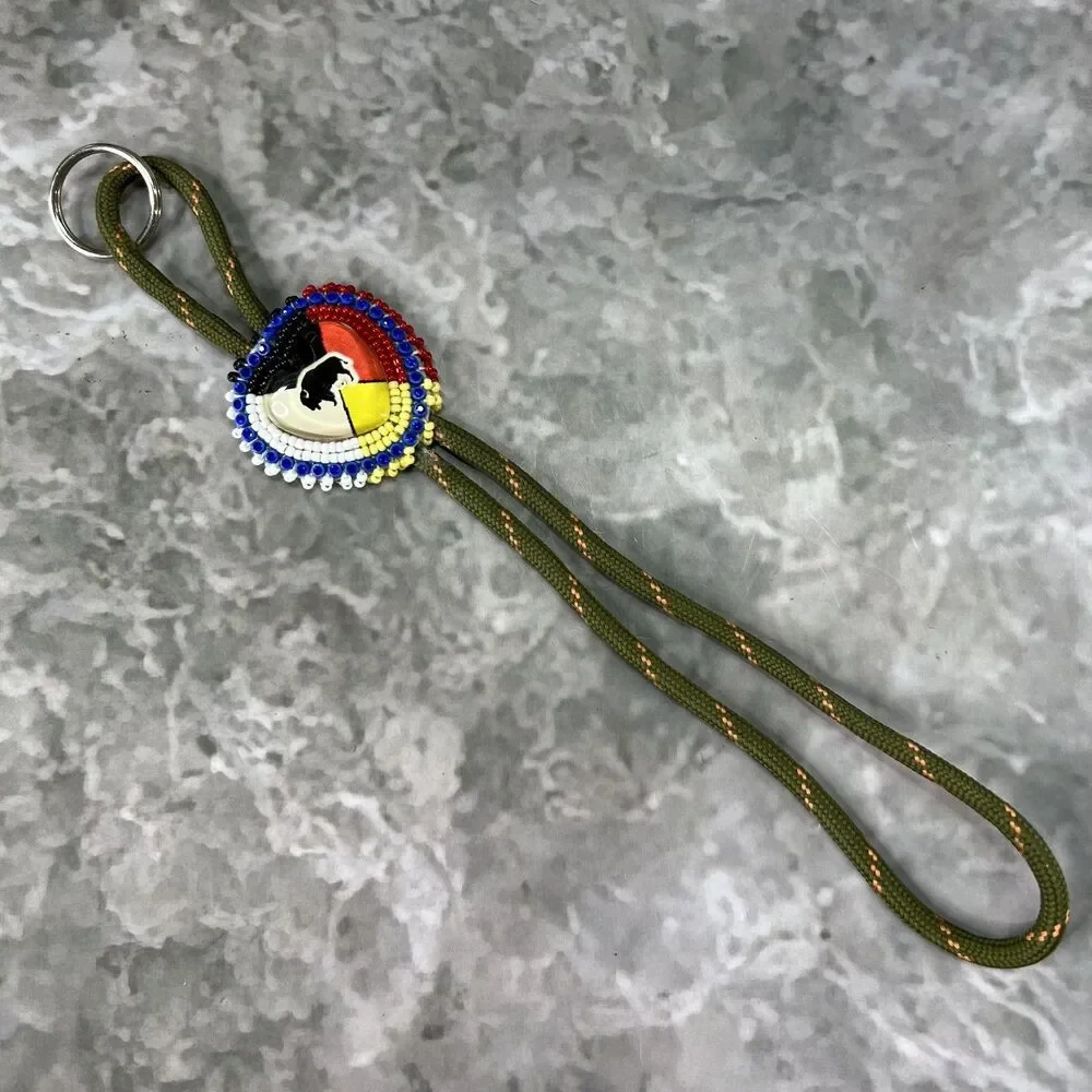 Handmade Native American Style Beaded Buffalo Keychain - Red White Blue Bull Tie